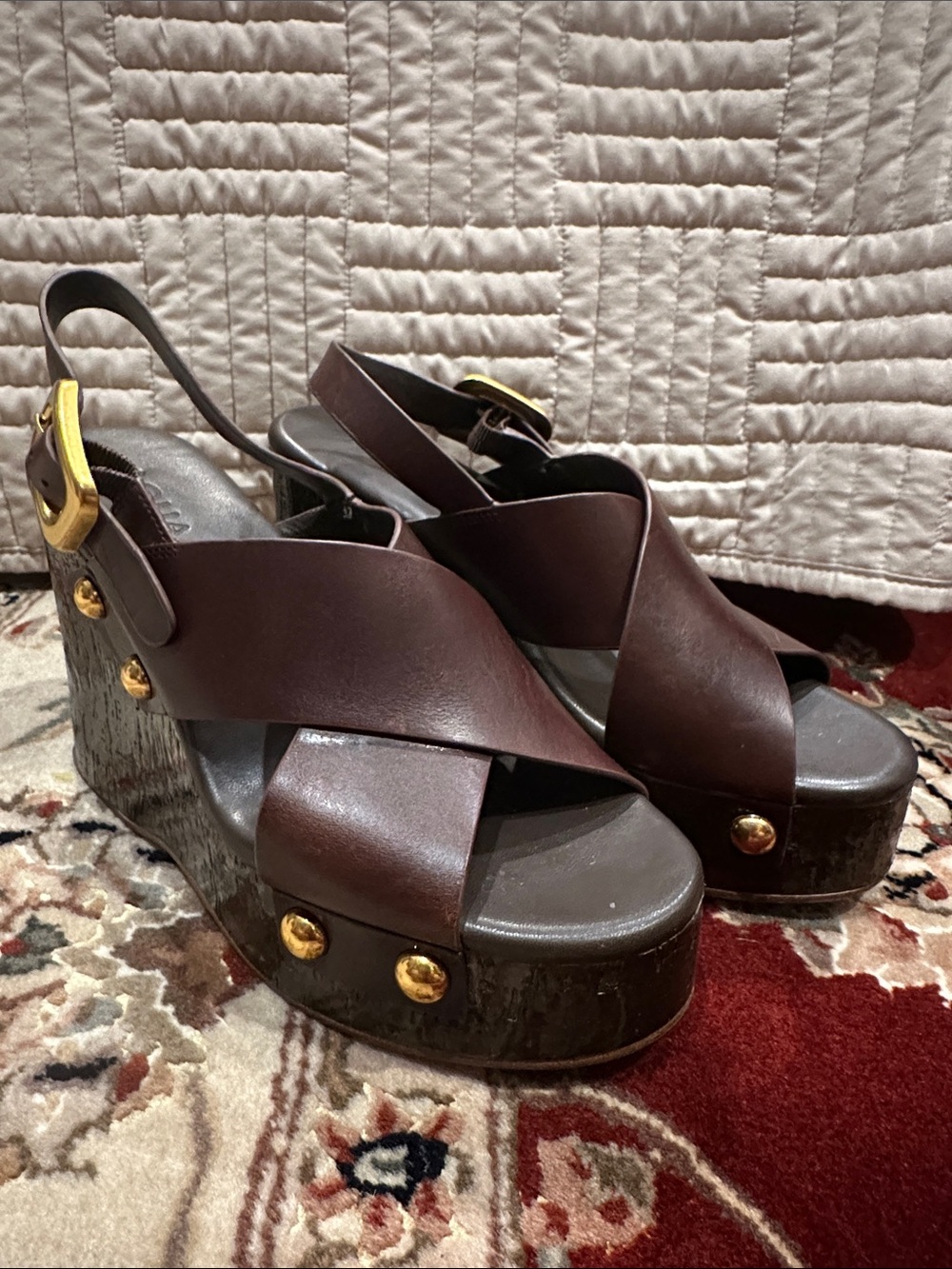 Aqua Women’s Brown Leather Platform Wedge Sandals with Gold Accents 8M